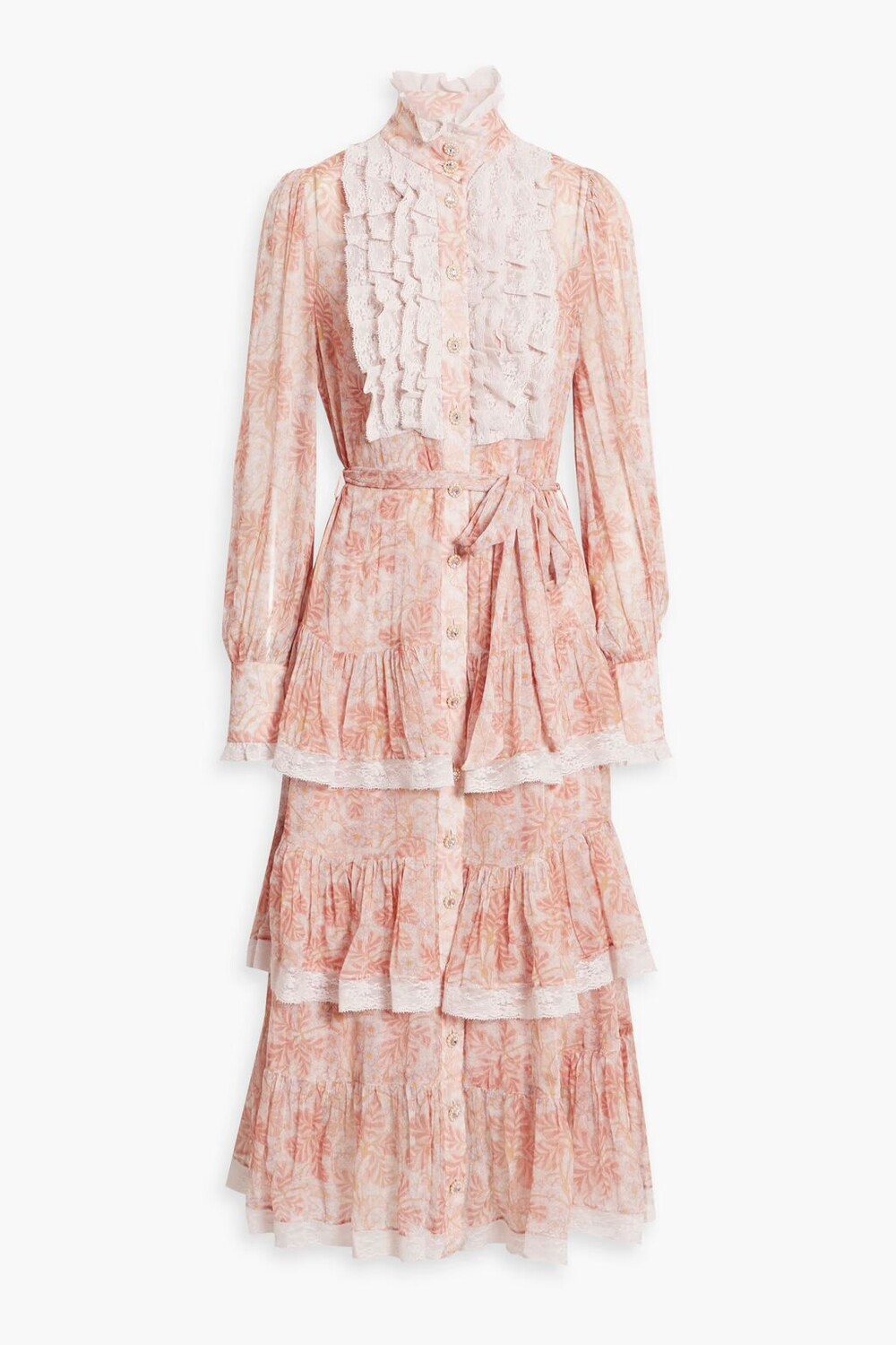 

Платье миди из жоржета с кружевной отделкой и оборками Zimmermann, цвет Blush
