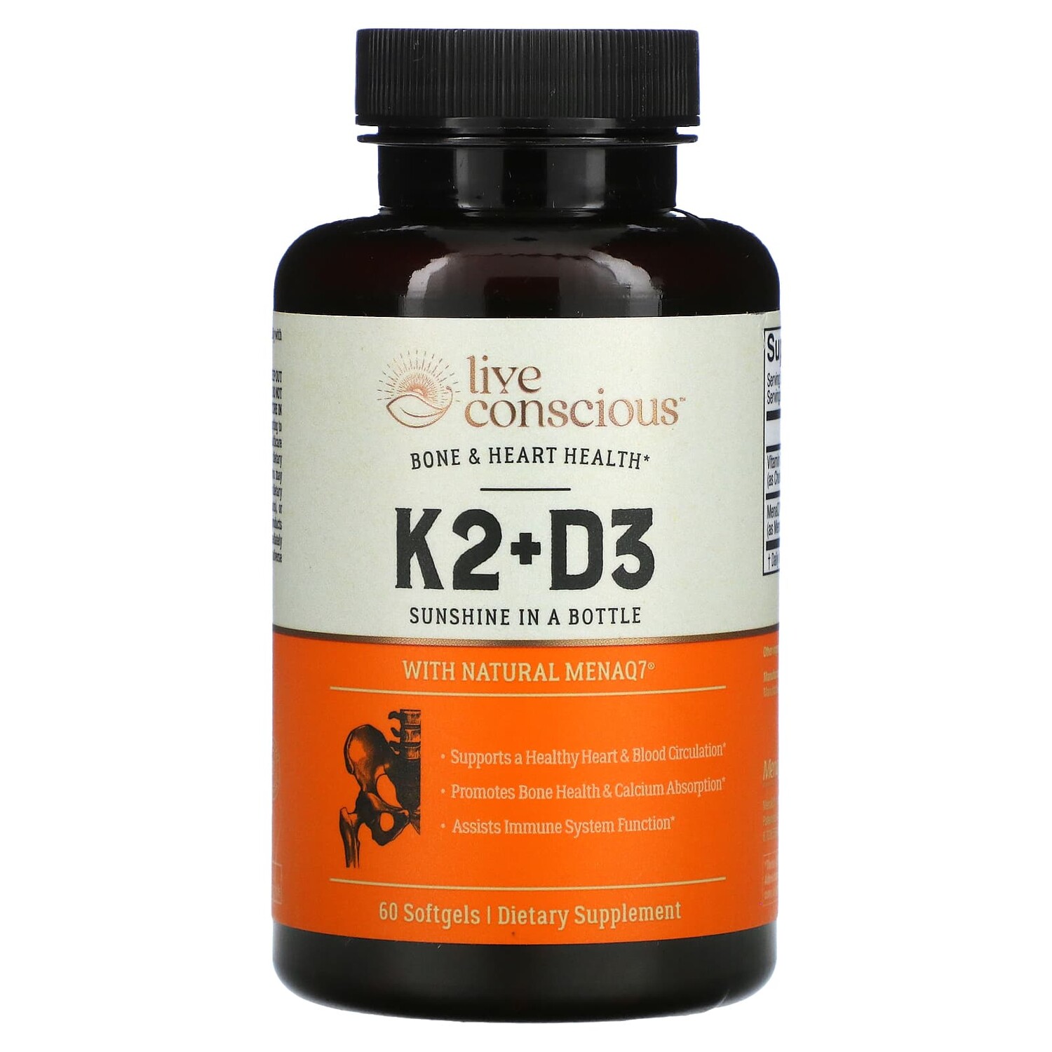 

K2 + D3, здоровье костей и сердца, 60 мягких таблеток, Live Conscious
