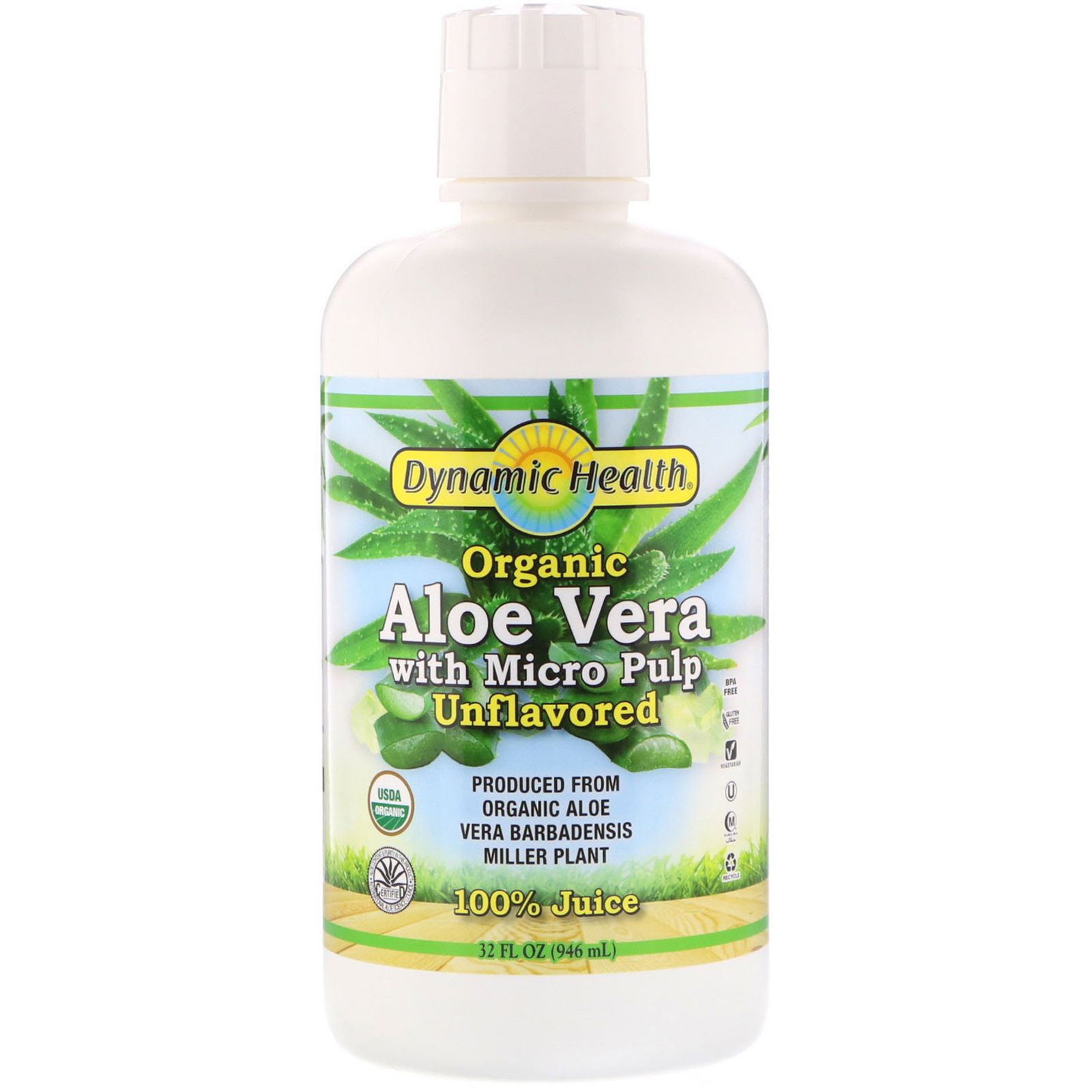 цена Dynamic Health Laboratories Organic Aloe Vera Juice with Micro Pulp 100% Juice Unflavored 32 fl oz (946 ml)