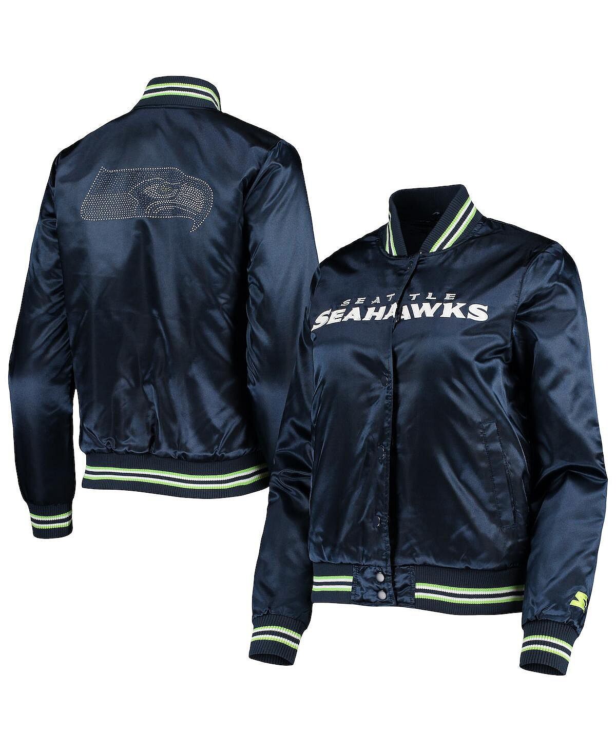 

Женская темно-синяя атласная куртка с длинными кнопками для колледжа Seattle Seahawks Varsity Lover Starter, темно-синий