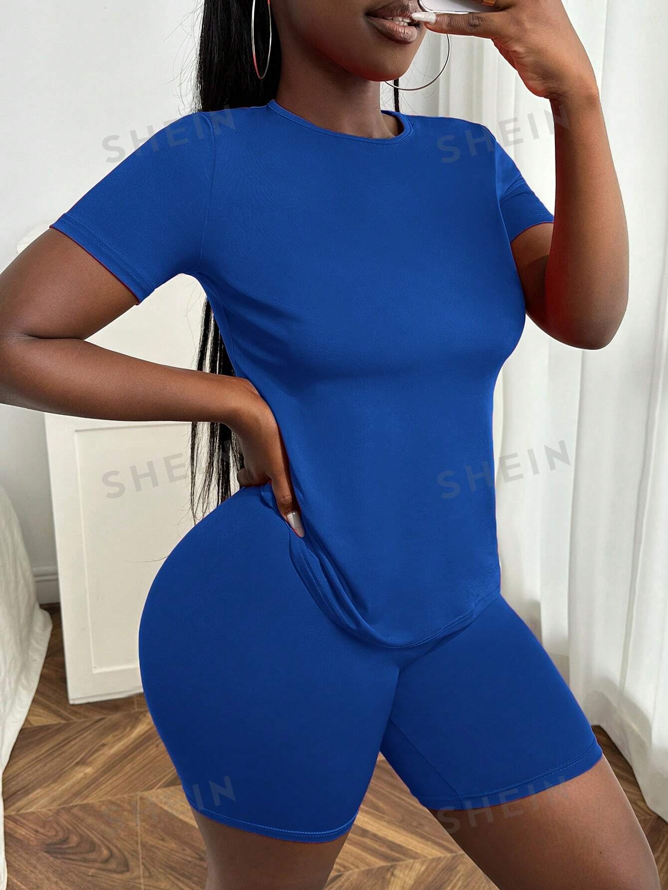 SHEIN Slayr Женский однотонный комплект из футболки и шорт с круглым вырезом и короткими рукавами, королевский синий