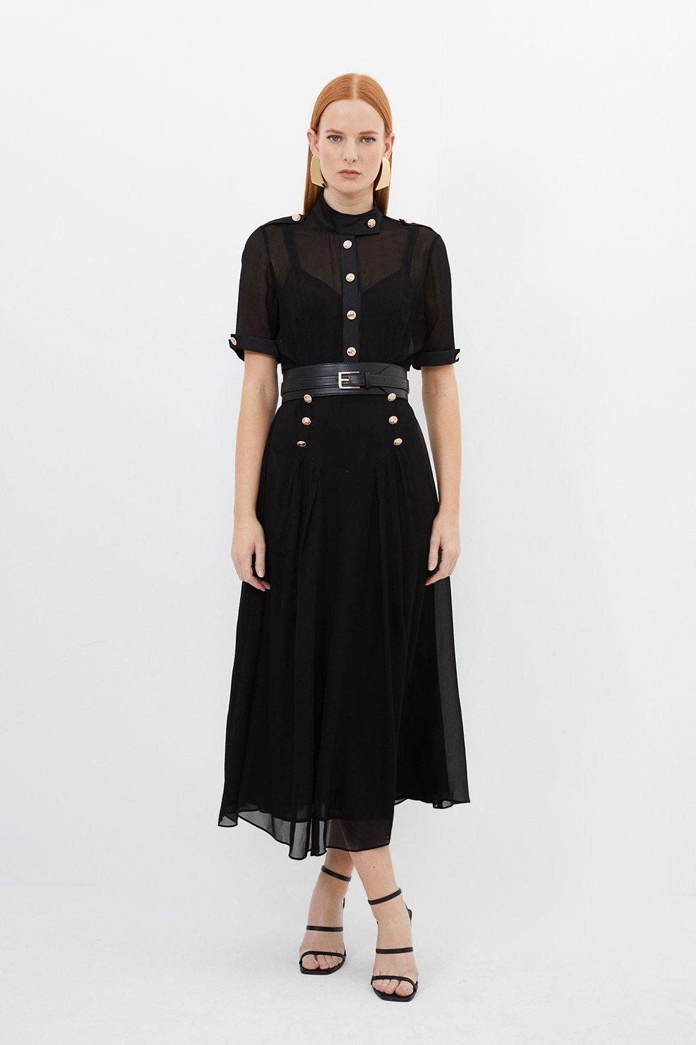 Платье миди из контрастного атласа и вискозы с жоржетом и поясом Karen Millen, черный