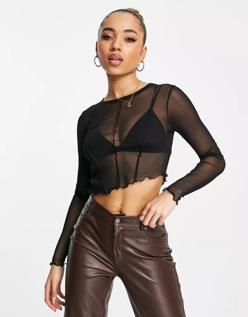

Черный сетчатый топ с длинными рукавами и строчкой ASOS
