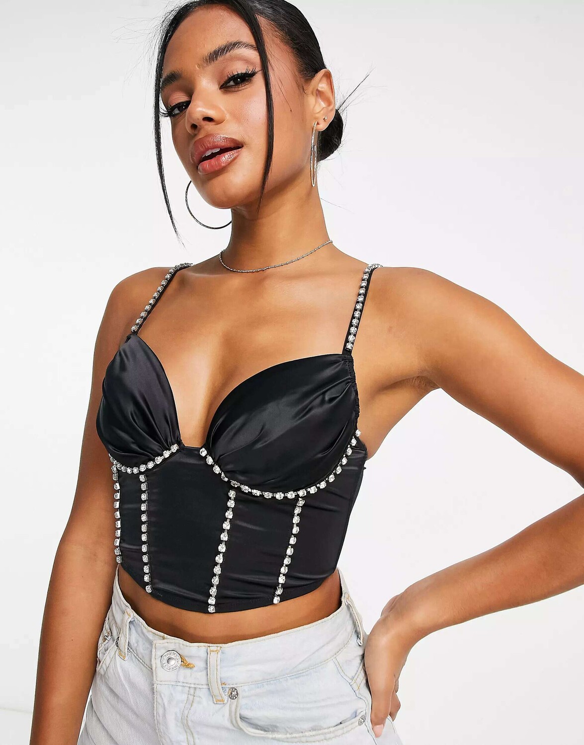 

Черный атласный корсет на косточках с отделкой стразами ASOS Milana