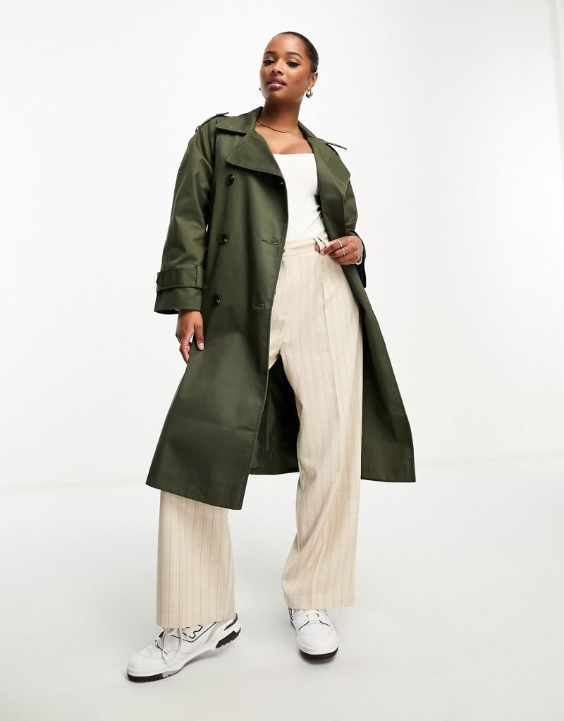 

Длинный тренч темного хаки ASOS DESIGN Petite