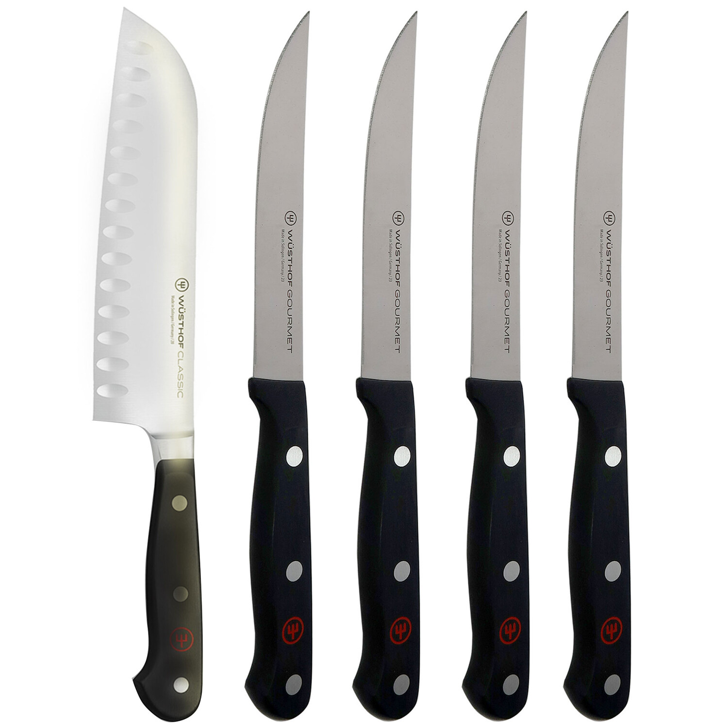 

Набор ножей для стейка Wusthof Gourmet из 4 предметов 1125060403 с классическим 7-дюймовым полым кухонным ножом Santoku