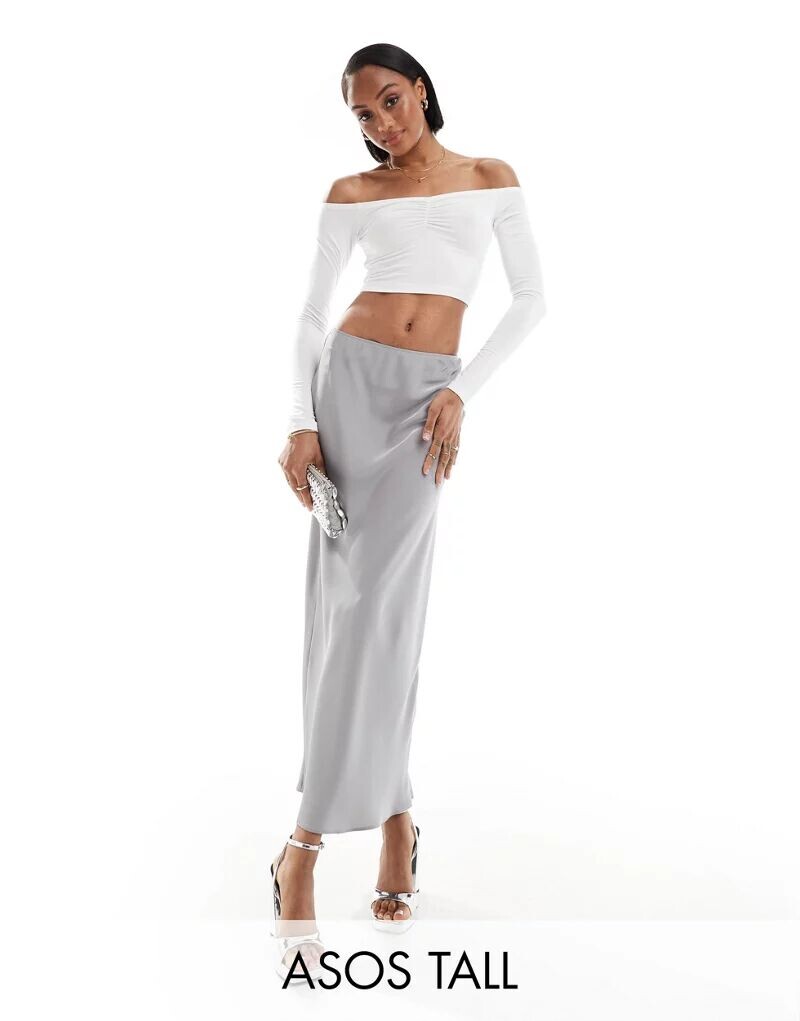 

Серебристая атласная юбка миди косой косой ASOS DESIGN Tall