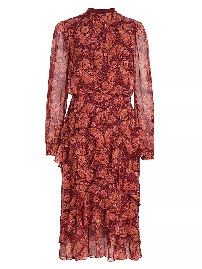 Шелковое платье миди Isa с оборками и принтом Saloni, цвет ruby paisley