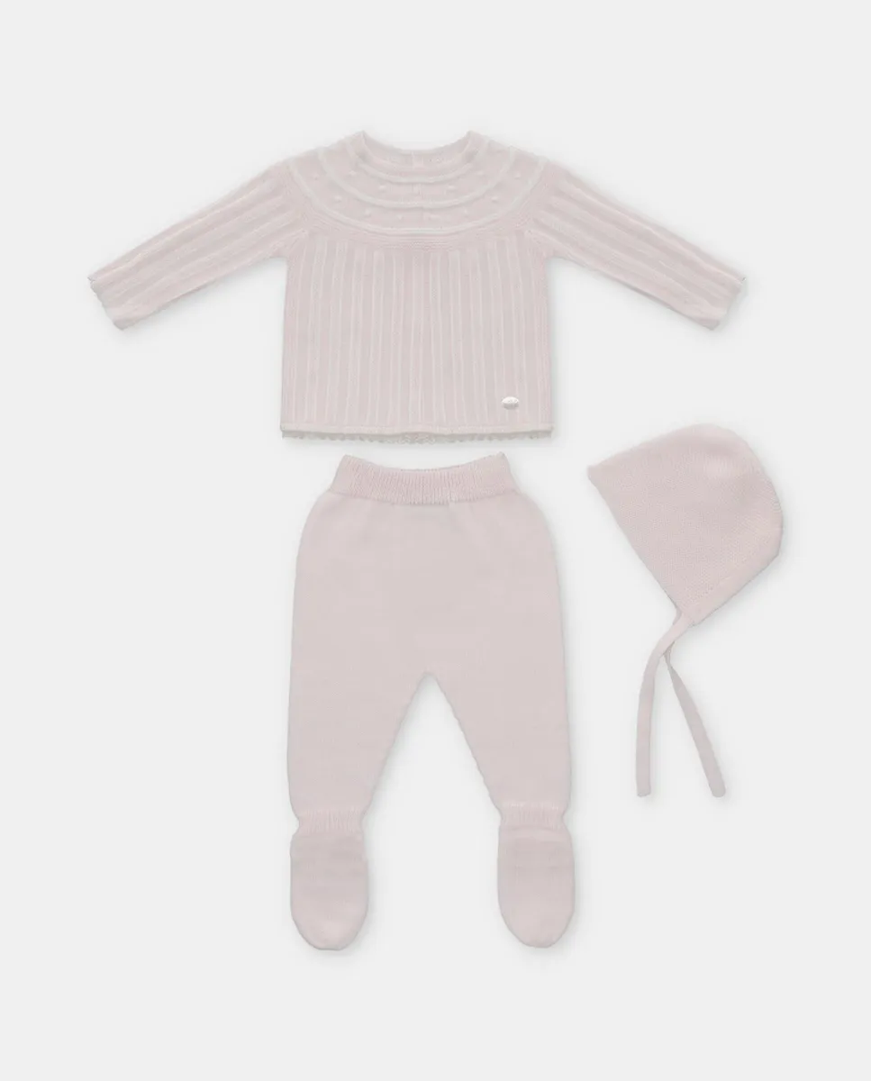 

Вязаный комплект из трех предметов для девочки розового цвета Martín Aranda