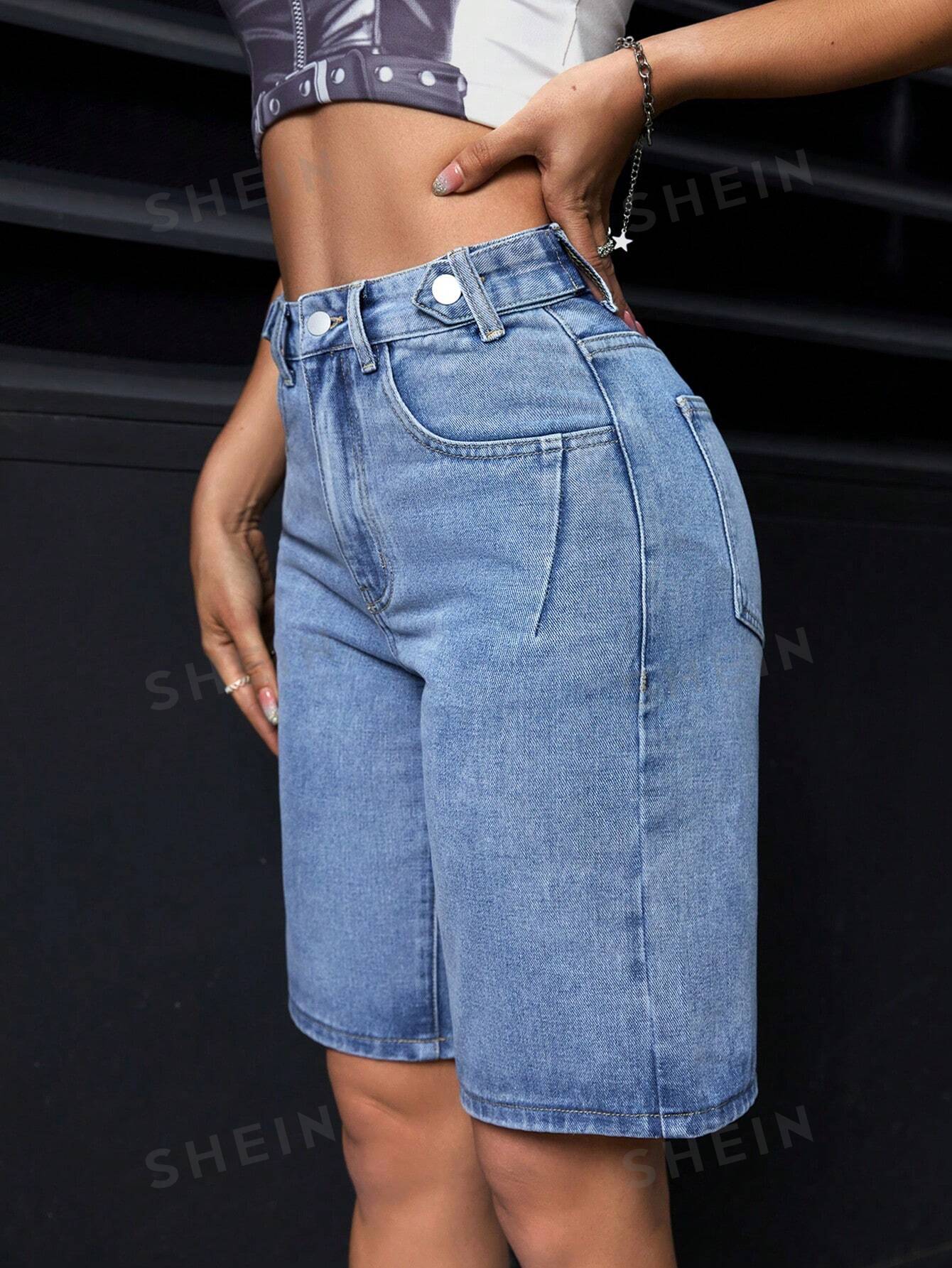 SHEIN PETITE Женские джинсовые шорты-бермуды с карманами, синий