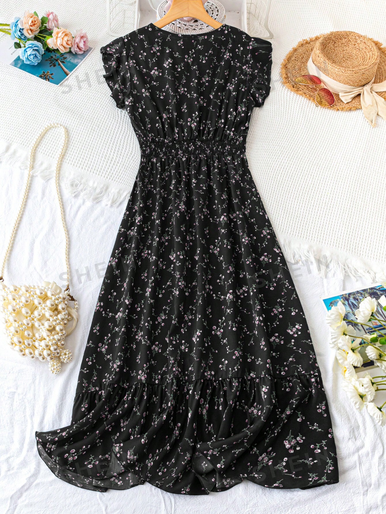 SHEIN Женское платье трапециевидной формы с короткими рукавами и цветочным принтом SHEIN Unity, черный