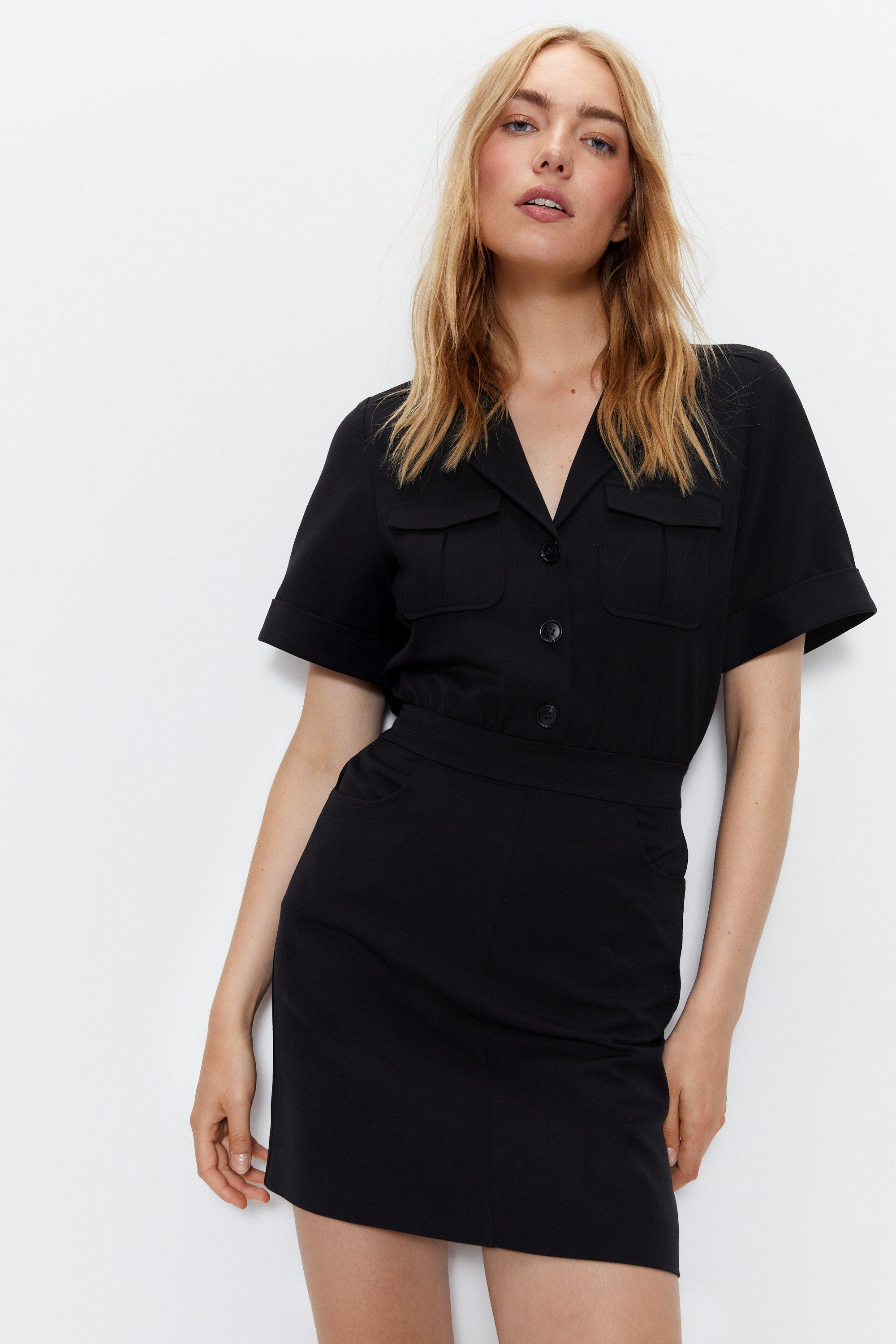 Приталенное мини-платье-рубашка с практичными деталями Warehouse, черный