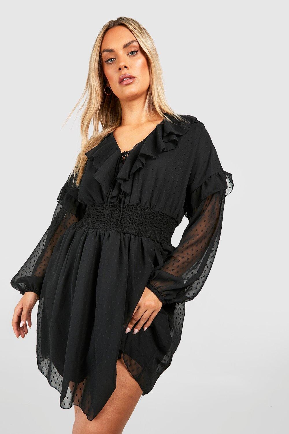 

Платье plus dobby из сетки на шнуровке и руфлами Boohoo, черный