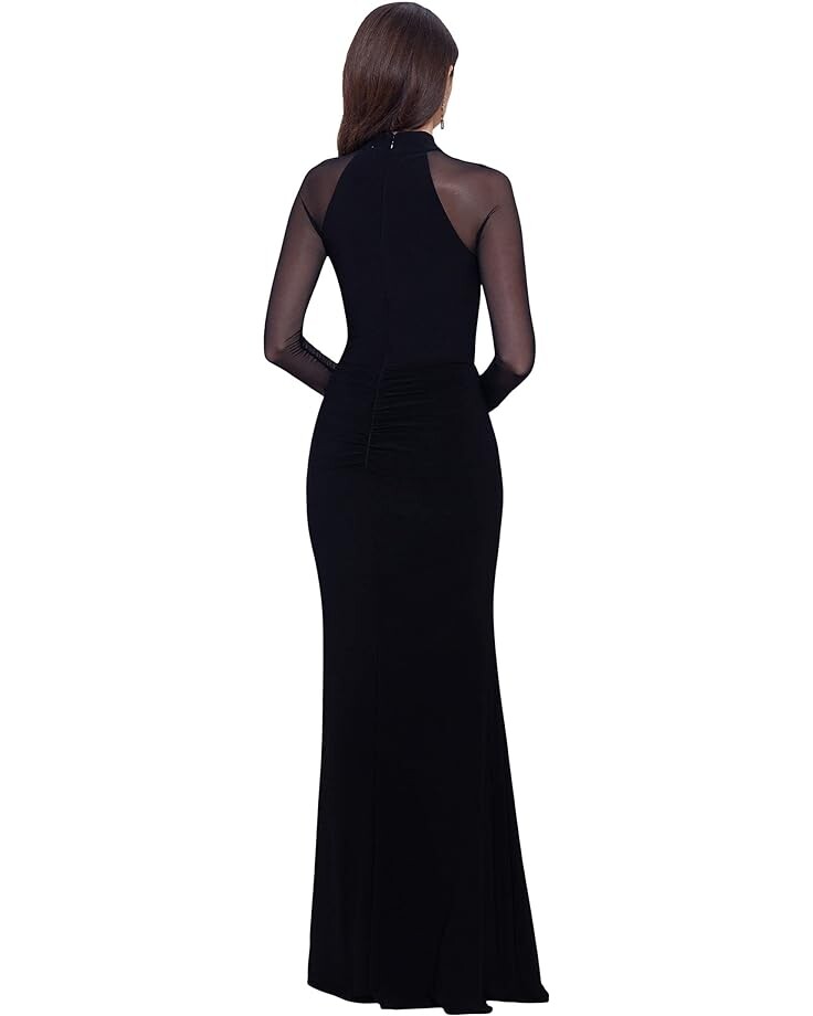 

Платье Betsy & Adam Long Sleeve Illusion Mesh Halter Jersey Gown, черный