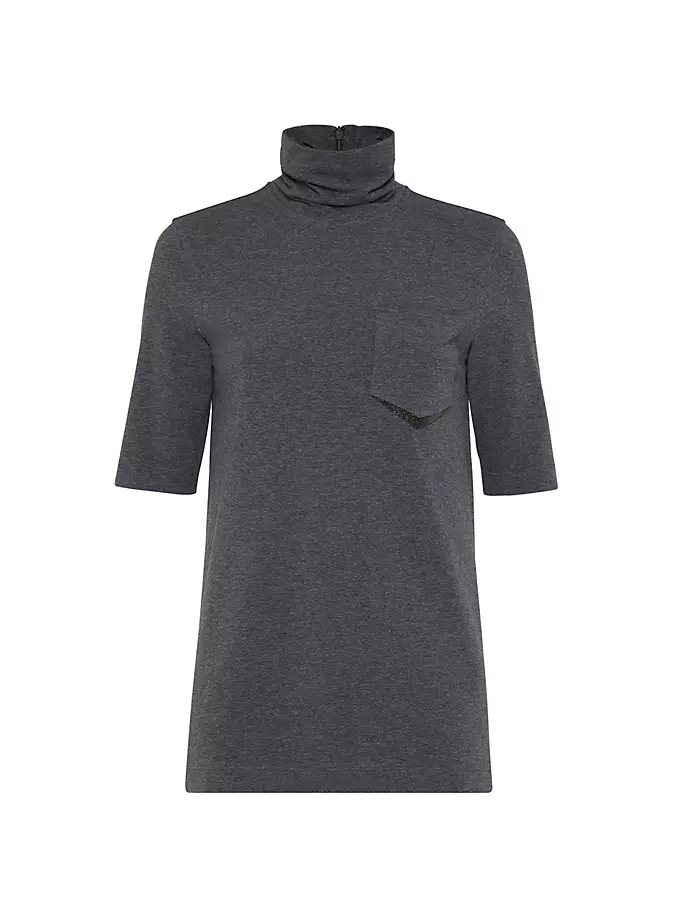 

Футболка с высоким воротником из эластичного хлопкового джерси и блестящим теневым карманом Brunello Cucinelli, серый