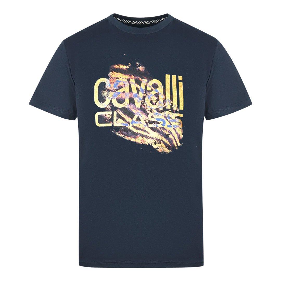 Темно-синяя футболка с ярким логотипом и принтом тигра Cavalli Class, синий цена и фото