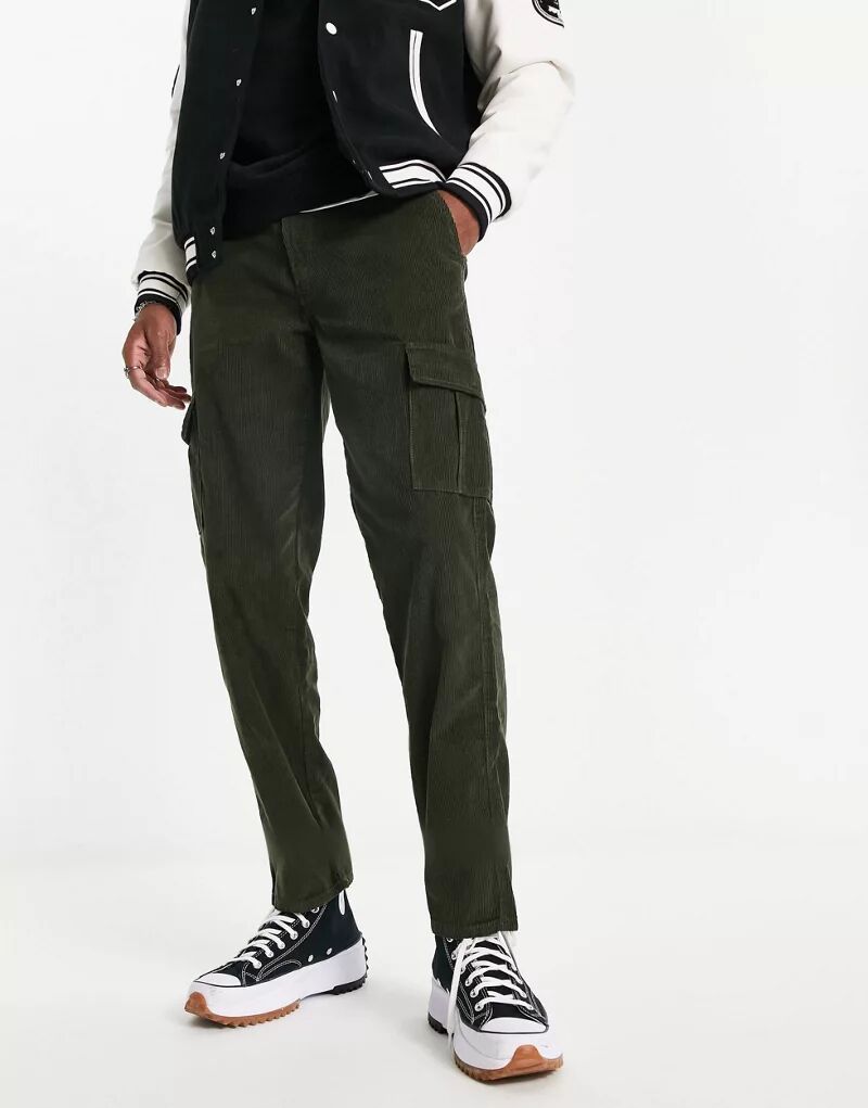 Вельветовые брюки карго прямого кроя цвета хаки New Look