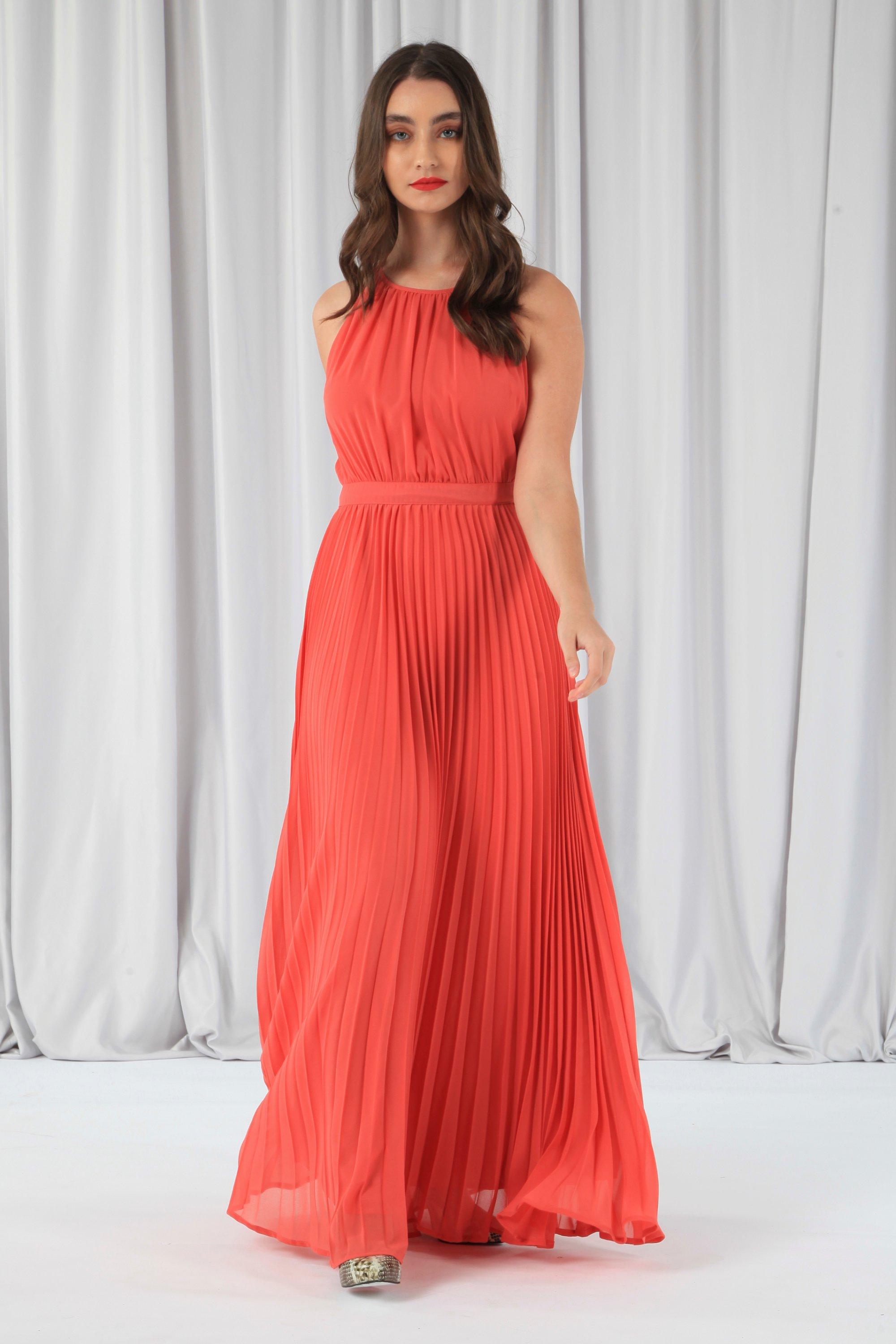 Плиссированное платье макси с воротником халтер DOUBLE SECOND, красный