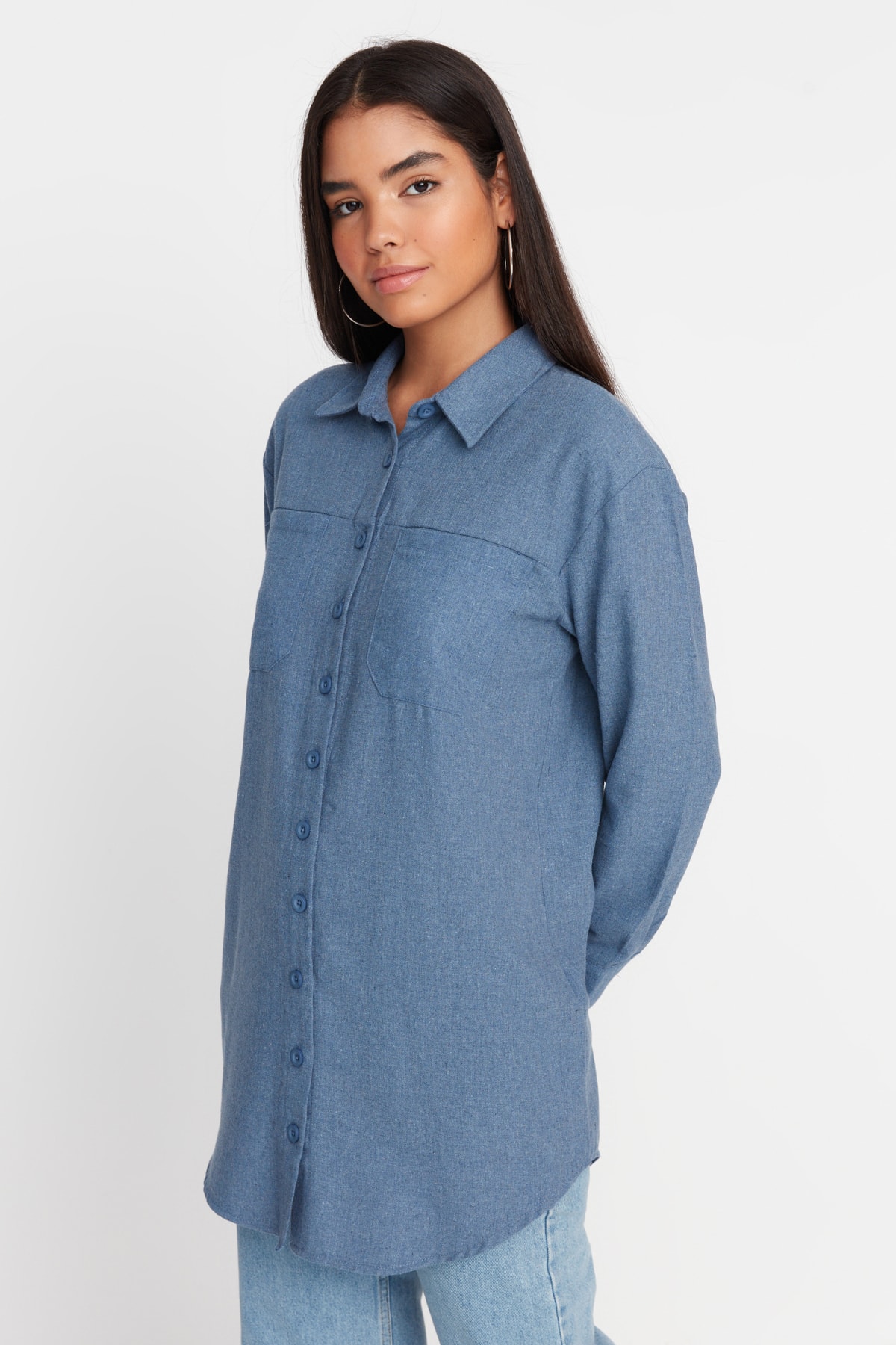 Рубашка - Синяя - Приталенная Trendyol Modest, синий рубашка синяя oversize trendyol синий