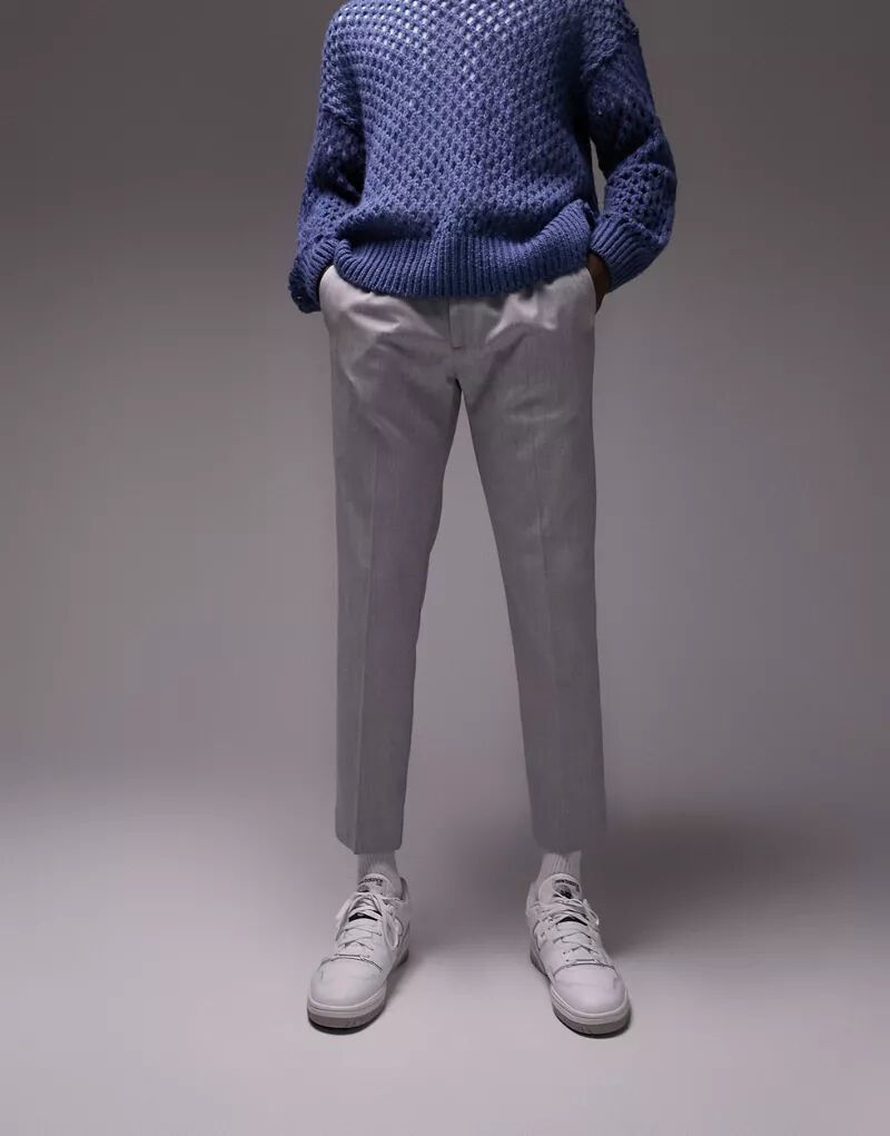 Светло-серые элегантные брюки узкого кроя с эластичным поясом Topman