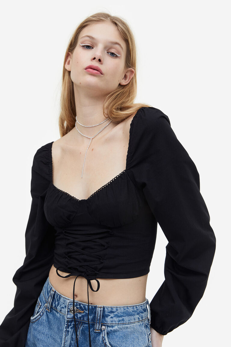 Блуза из поплина со шнуровкой H&M, черный