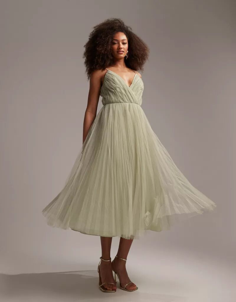 Платье миди из тюля со складками ASOS Bridesmaid цвета Sage