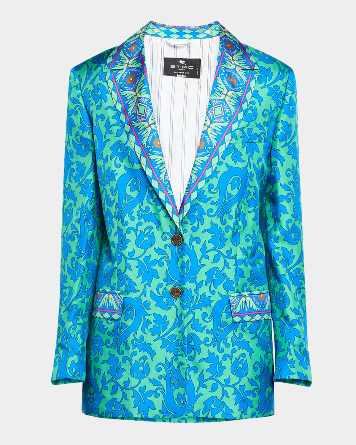 

Шелковая куртка-бойфренд с плиточным принтом Etro, цвет Print On Green Base