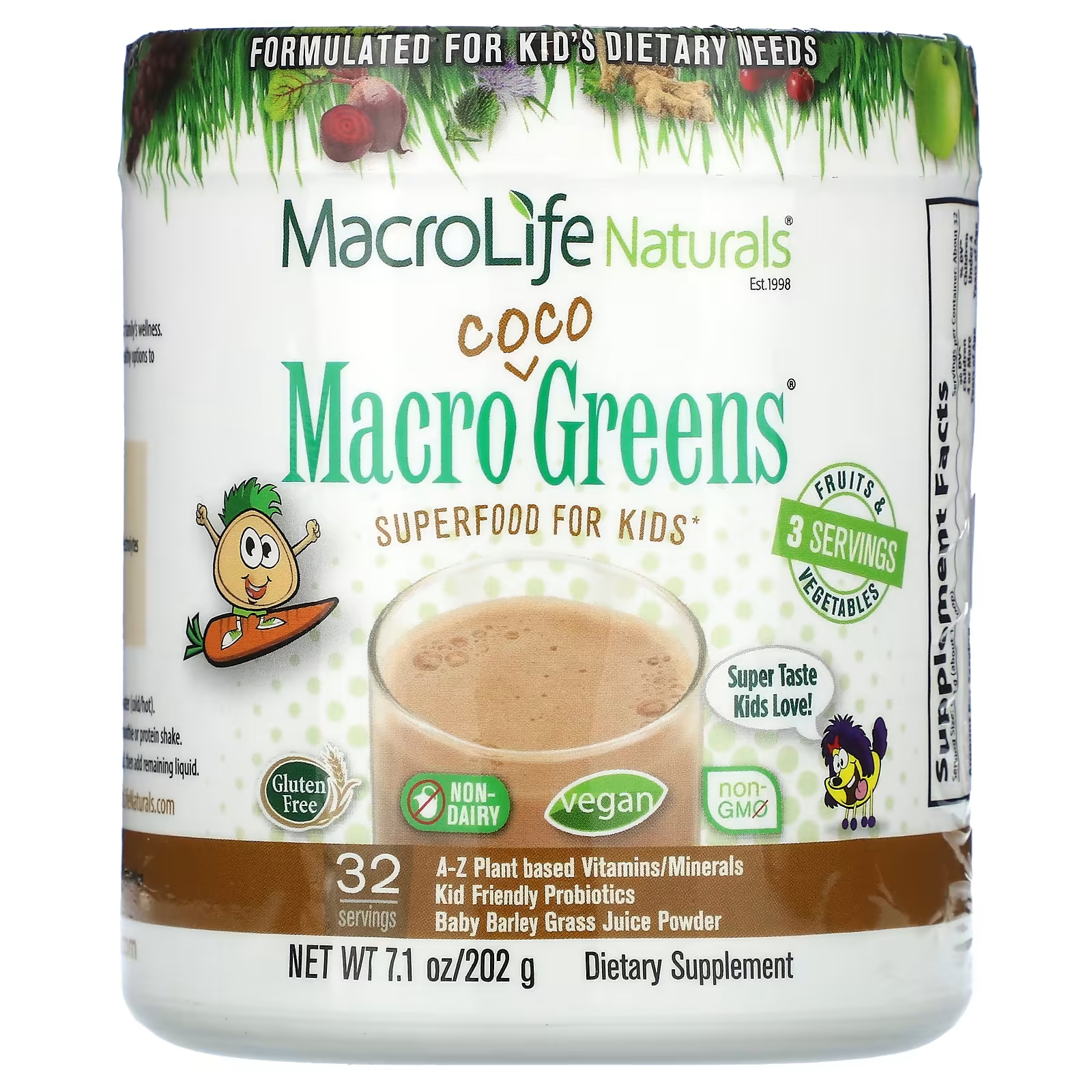 Пищевая добавка Macrolife Naturals Macro Coco Greens для детей, 202 г macrolife naturals macropets ежедневный суперфуд для собак и кошек 180 г 6 35 унции