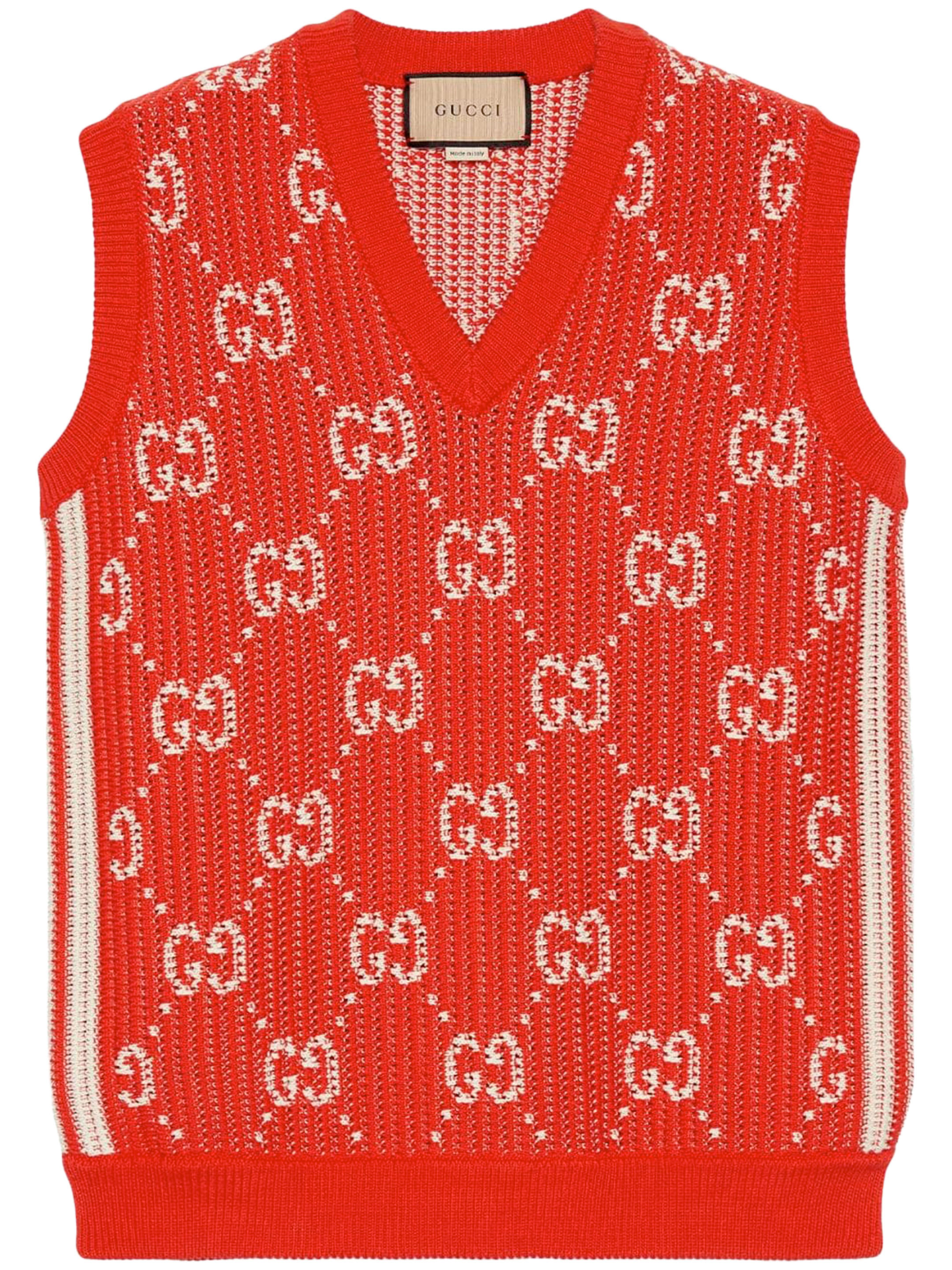 женский трикотажный жилет тонкий кардиган контрастных цветов с ромбовидным узором и v образным вырезом жилет на осень и зиму 2021 Жилет Gucci GG cotton knit, красный