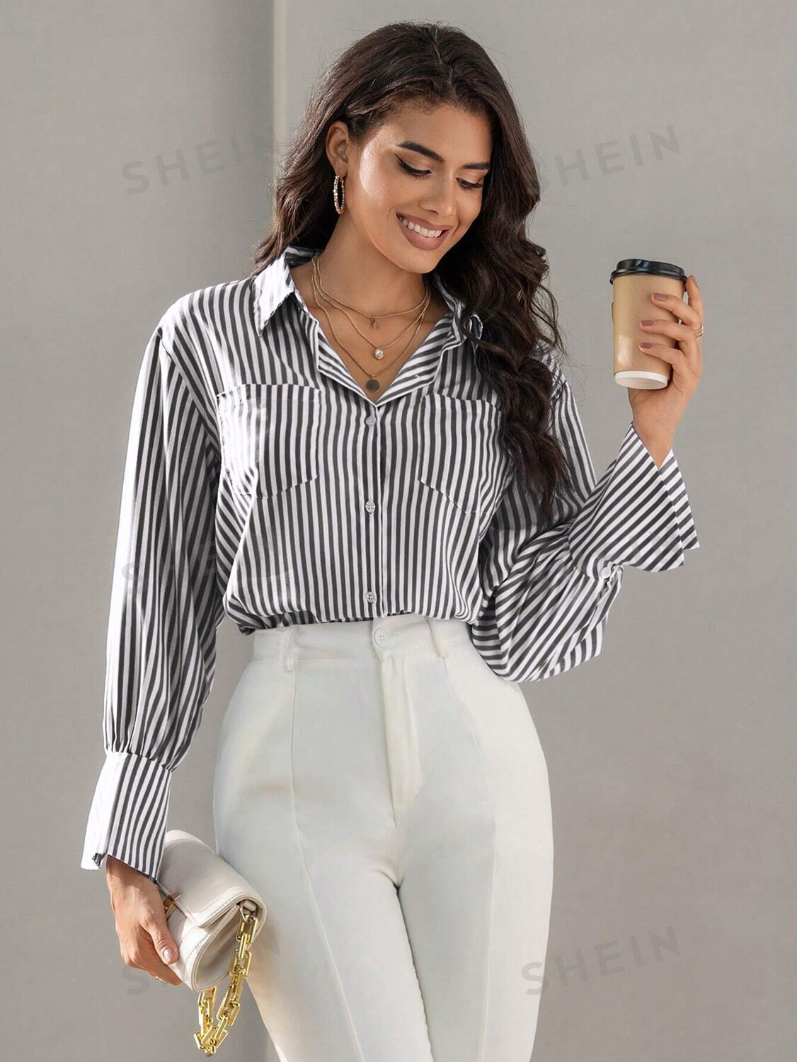 

SHEIN BIZwear Рубашка с длинным рукавом в вертикальную полоску, черное и белое