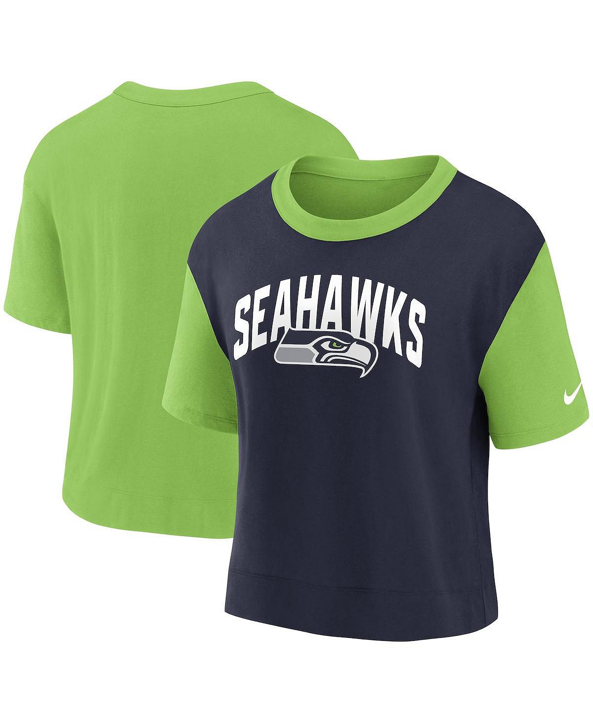 Женская неоново-зеленая, темно-синяя модная футболка с высокими бедрами Seattle Seahawks Nike