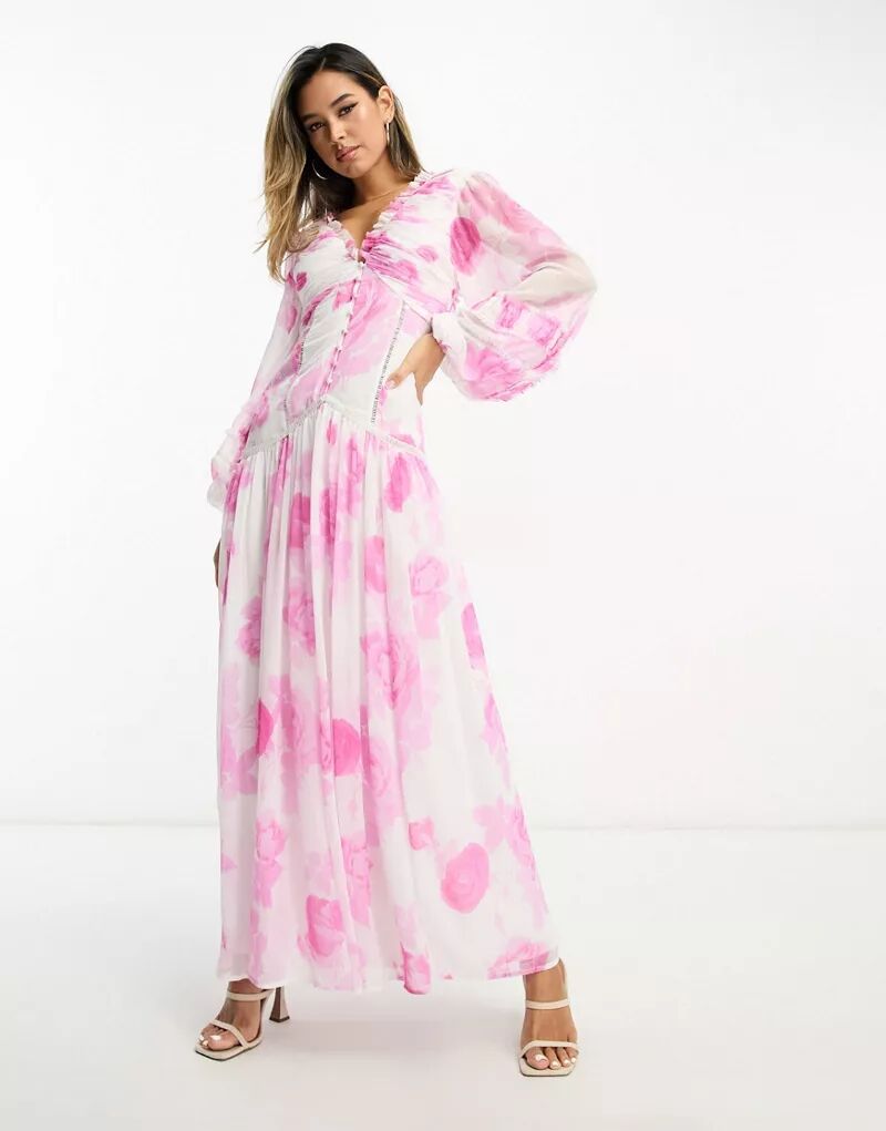 Платье макси на пуговицах с защипами и кружевными вставками ASOS с крупным розовым цветочным принтом