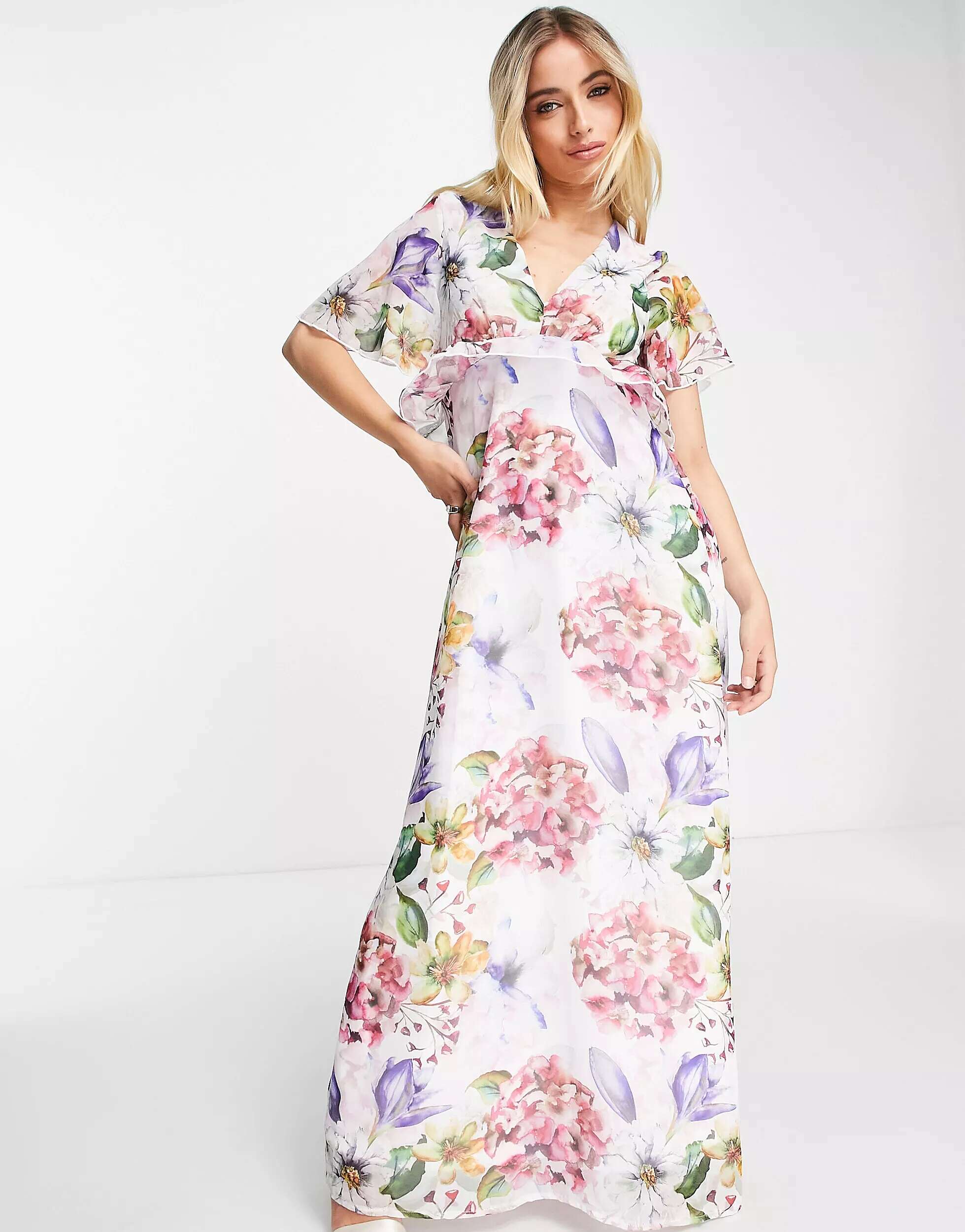 Платье макси из шифона Blume Bridal с оборками и цветочным принтом