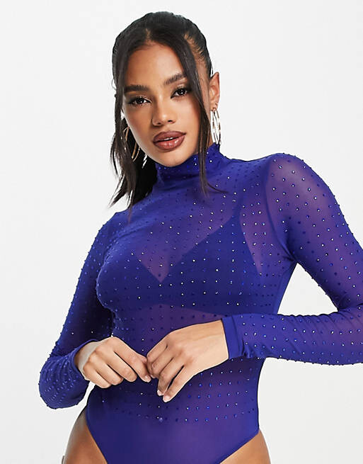 

Синее боди из сетки с кристаллами и заклепками ASOS DESIGN hotfix hotfix