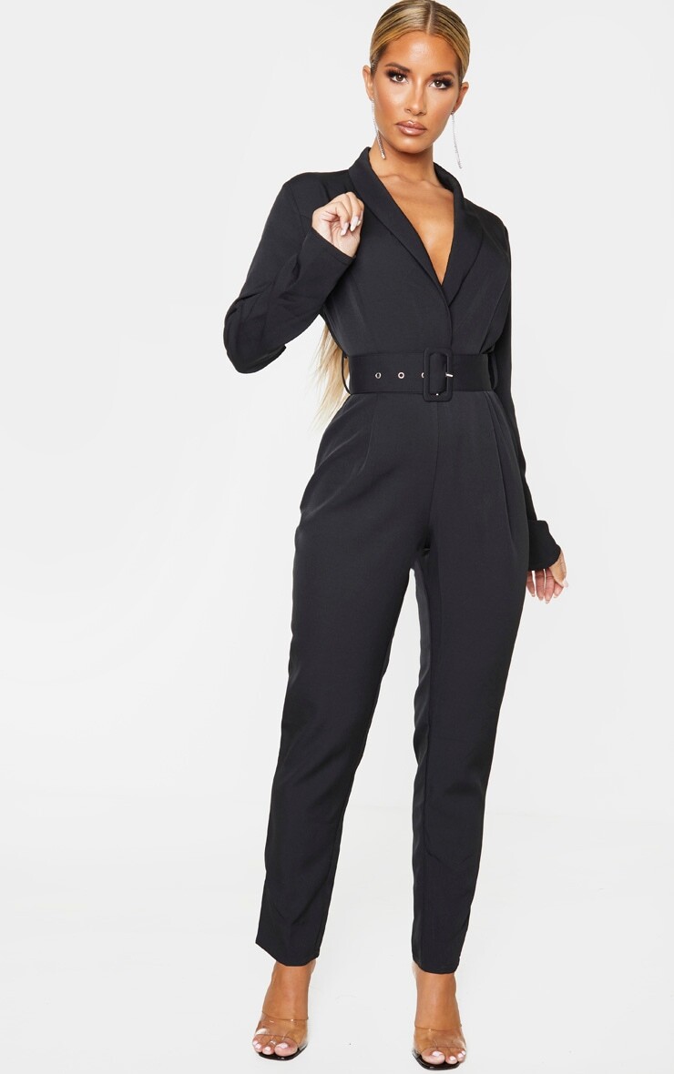 

PrettyLittleThing Черный комбинезон с поясом и лацканами
