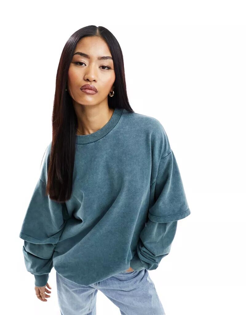 

Свитшот оверсайз с двухслойными рукавами ASOS синего цвета, Серый
