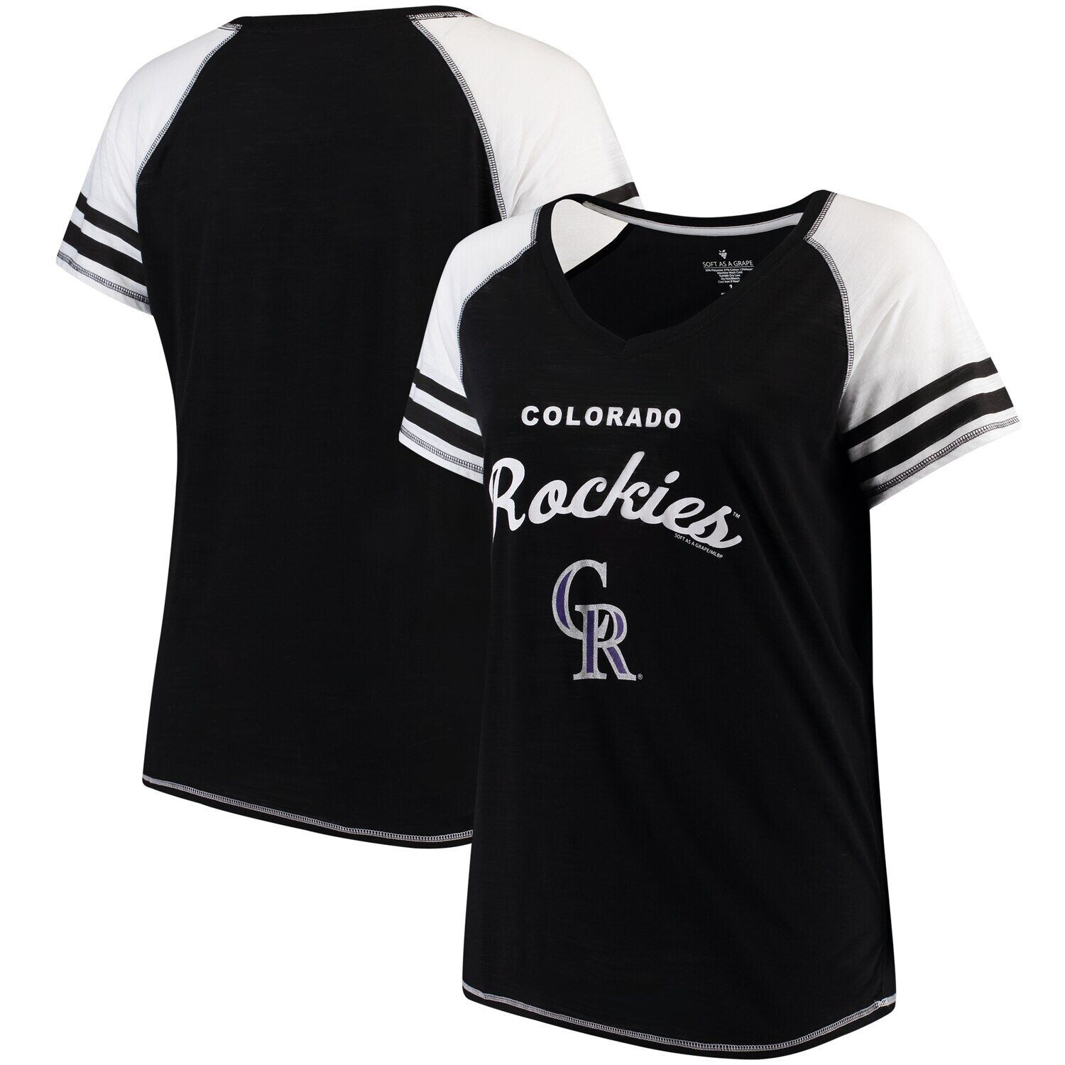 

Женская мягкая, как виноград, черная футболка Colorado Rockies больших размеров с тремя цветными блоками и рукавами реглан
