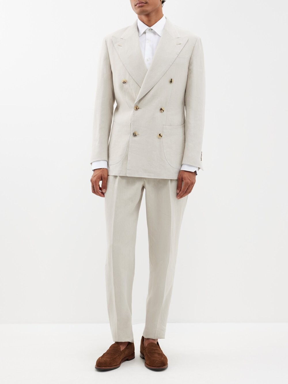 

Неструктурированный двубортный льняной костюм Thom Sweeney, бежевый