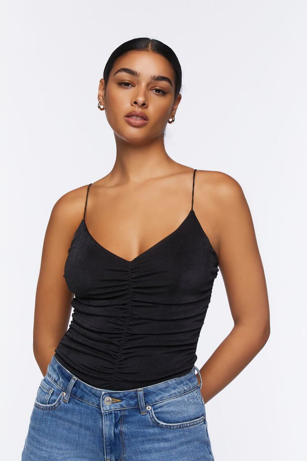 

Сетчатое боди на бретельках со сборками Forever 21, черный