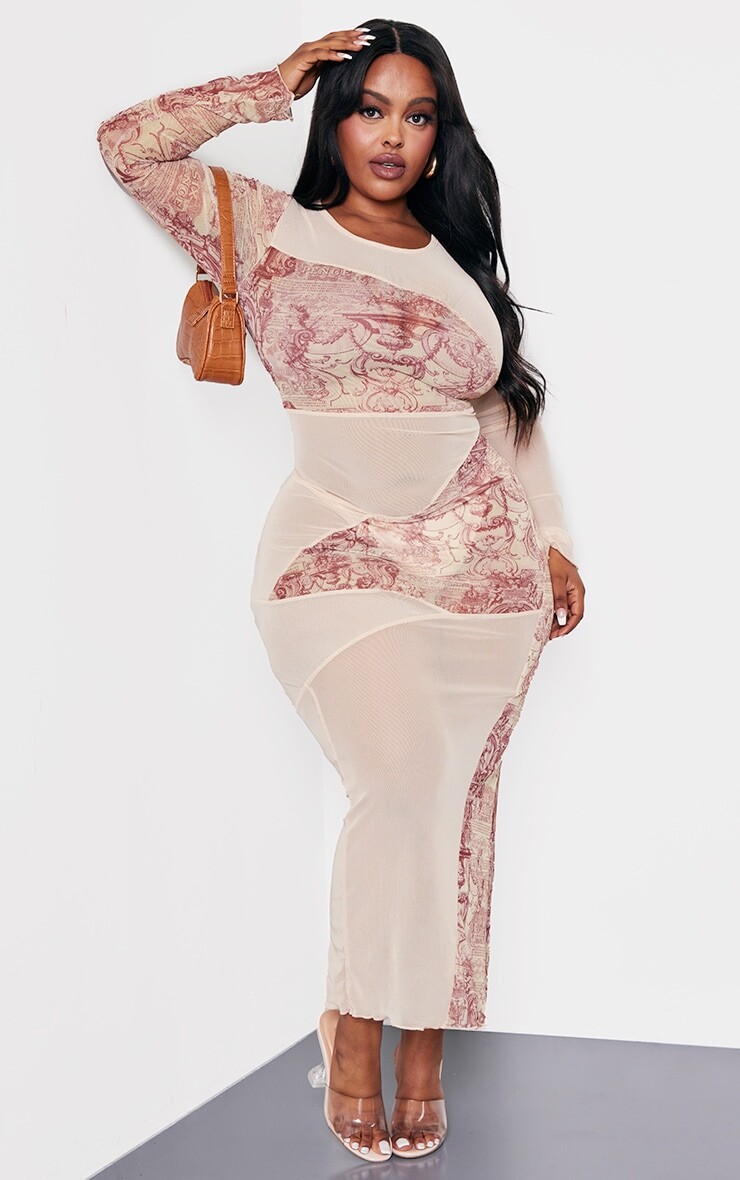 

PrettyLittleThing Коричневое платье-миди из контрастной сетки с принтом статуй