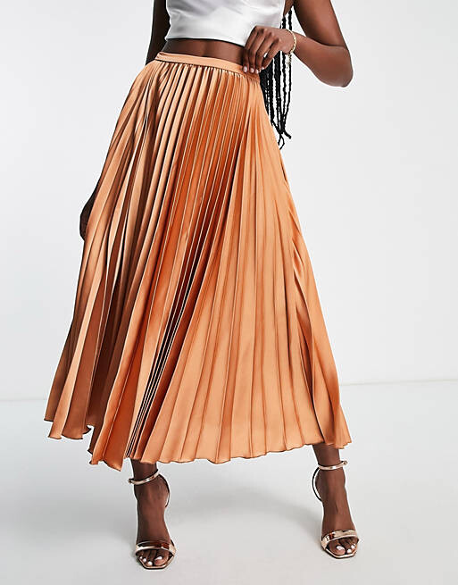 

Светло-коричневая атласная юбка миди со складками ASOS DESIGN