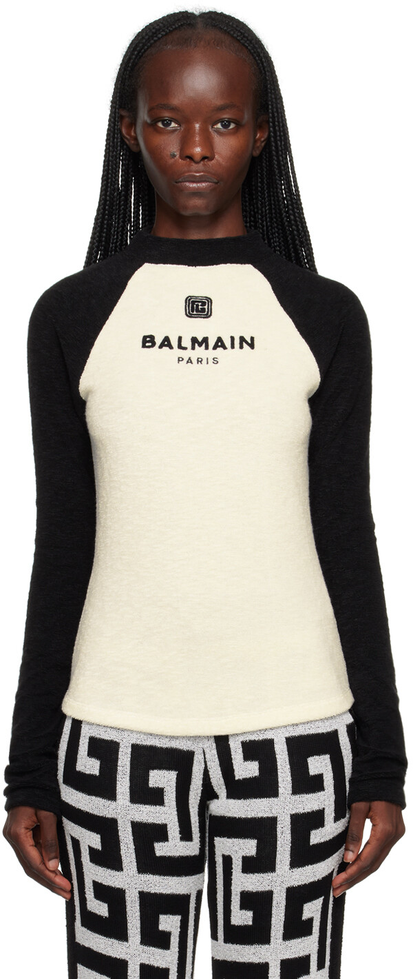 

Черно-белая футболка с длинным рукавом реглан Balmain, Черный