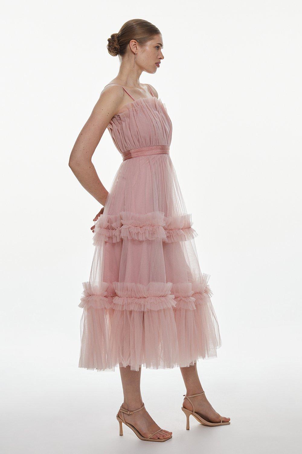 Многоярусное платье миди из тюля-бандо Karen Millen, розовый