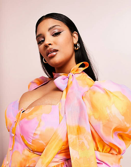 

Платье мини с пышными рукавами и бантом ASOS LUXE Curve