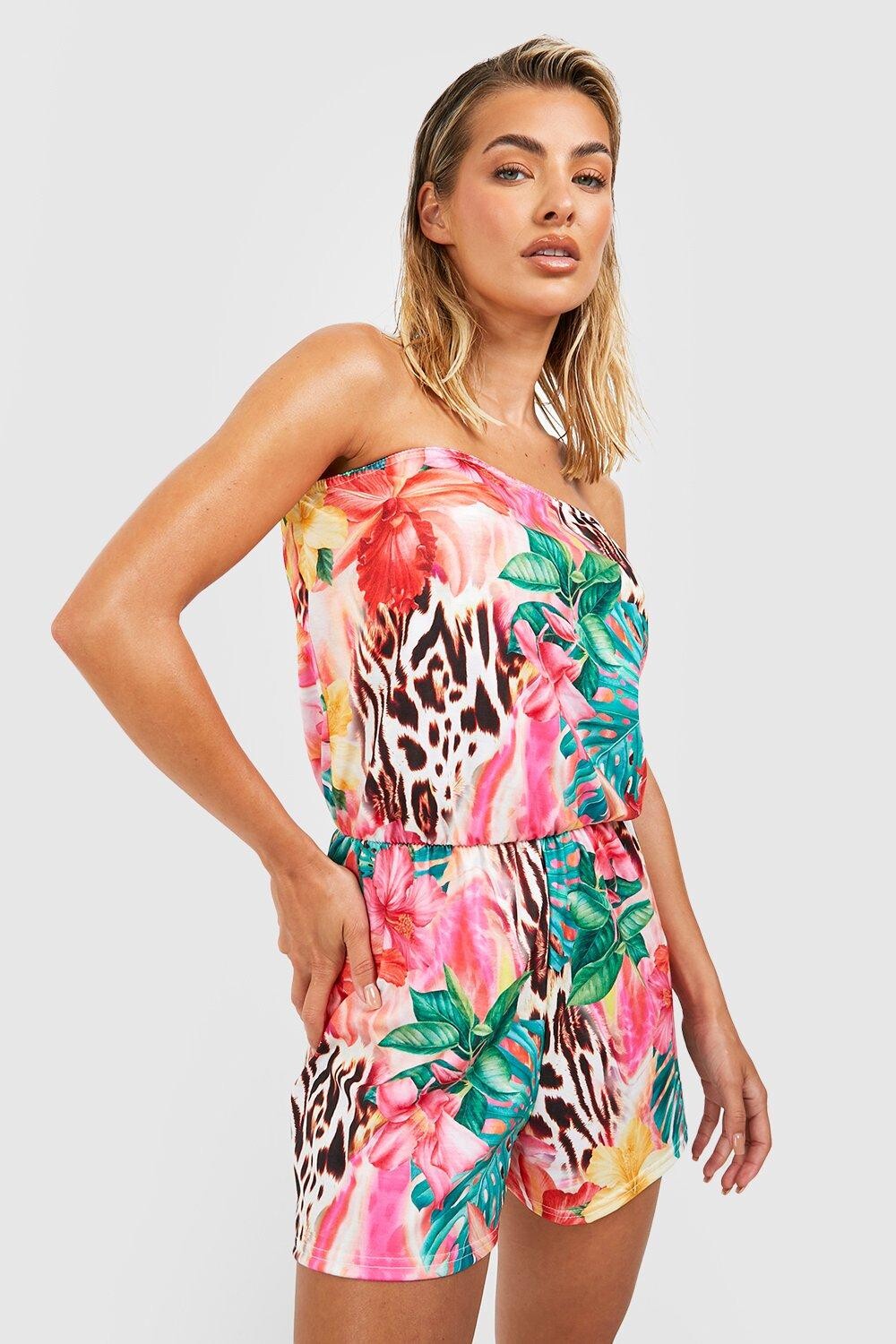 

Пляжный комбинезон-бандо с тропическими животными boohoo, коричневый