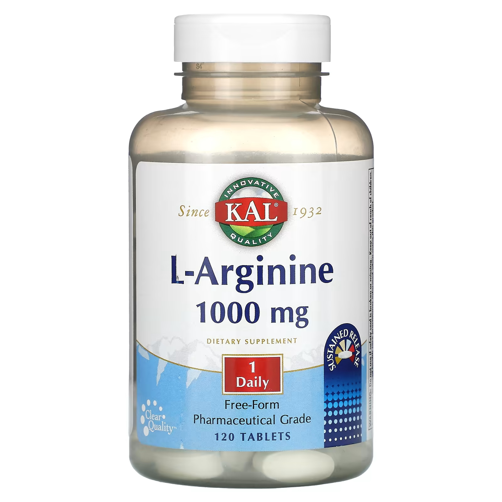 L-аргинин KAL, 1000 мг, 120 таблеток doctor s best l аргинин длительного и быстрого высвобождения 500 мг 120 двухслойных таблеток