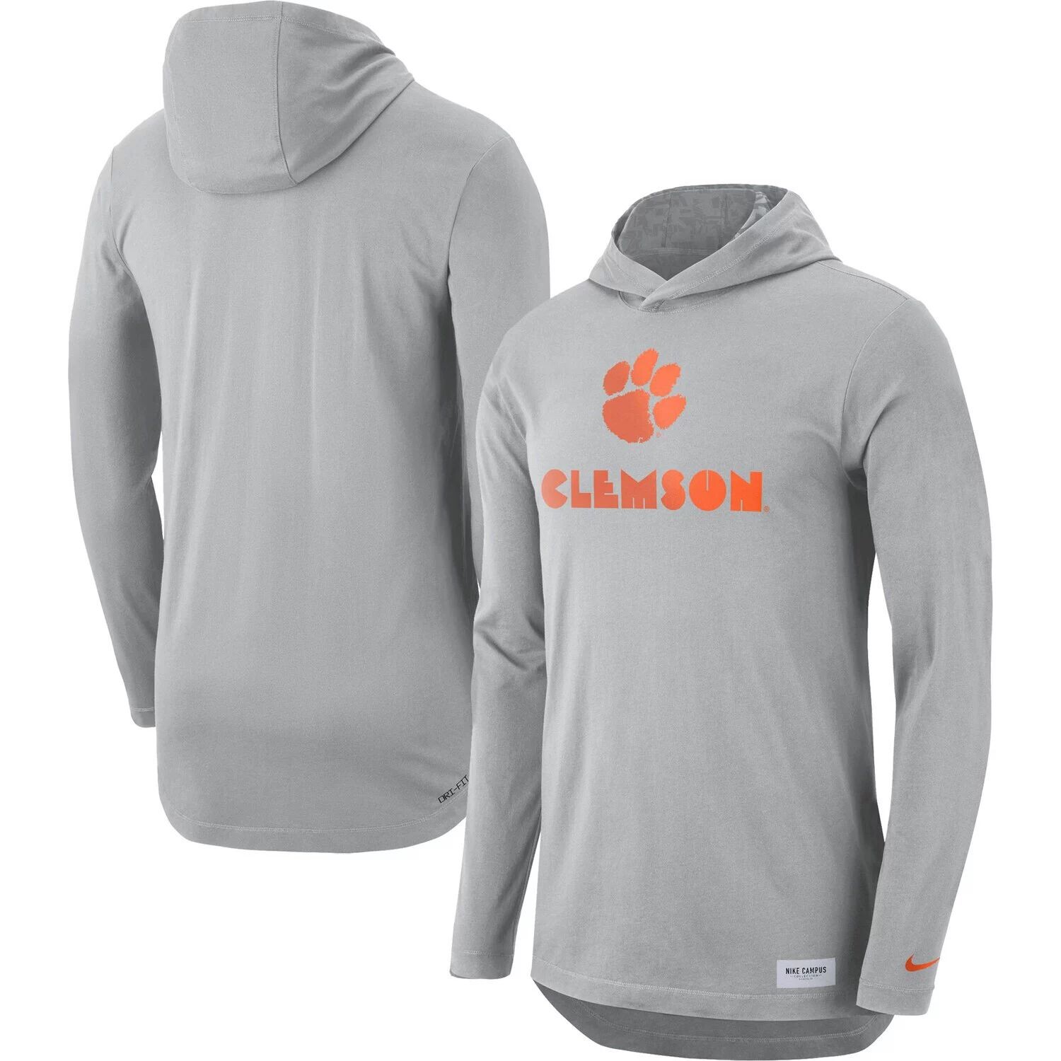 

Мужская серая футболка с длинным рукавом и худи Clemson Tigers Campus Performance Nike, Серый