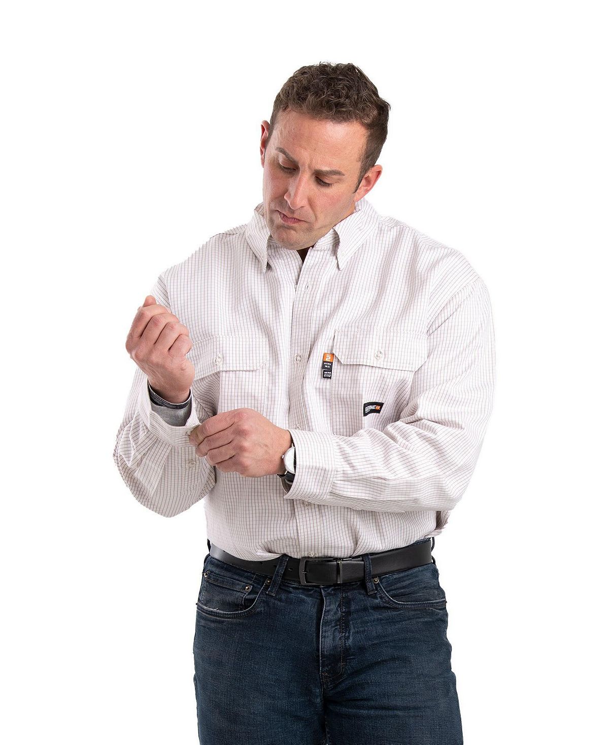 Мужская высокая огнестойкая рабочая рубашка в клетку с длинными рукавами на пуговицах Berne фото