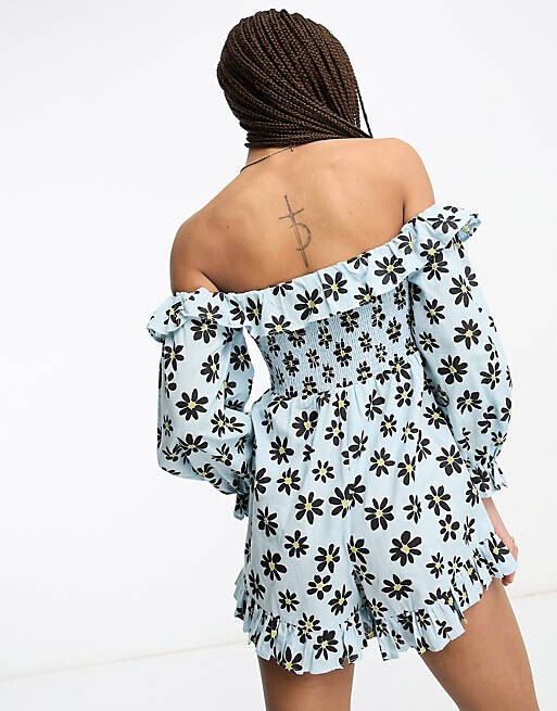 

Комбинезон с льняным лифом и присборенными рукавами ASOS DESIGN с длинными рукавами и ромашками