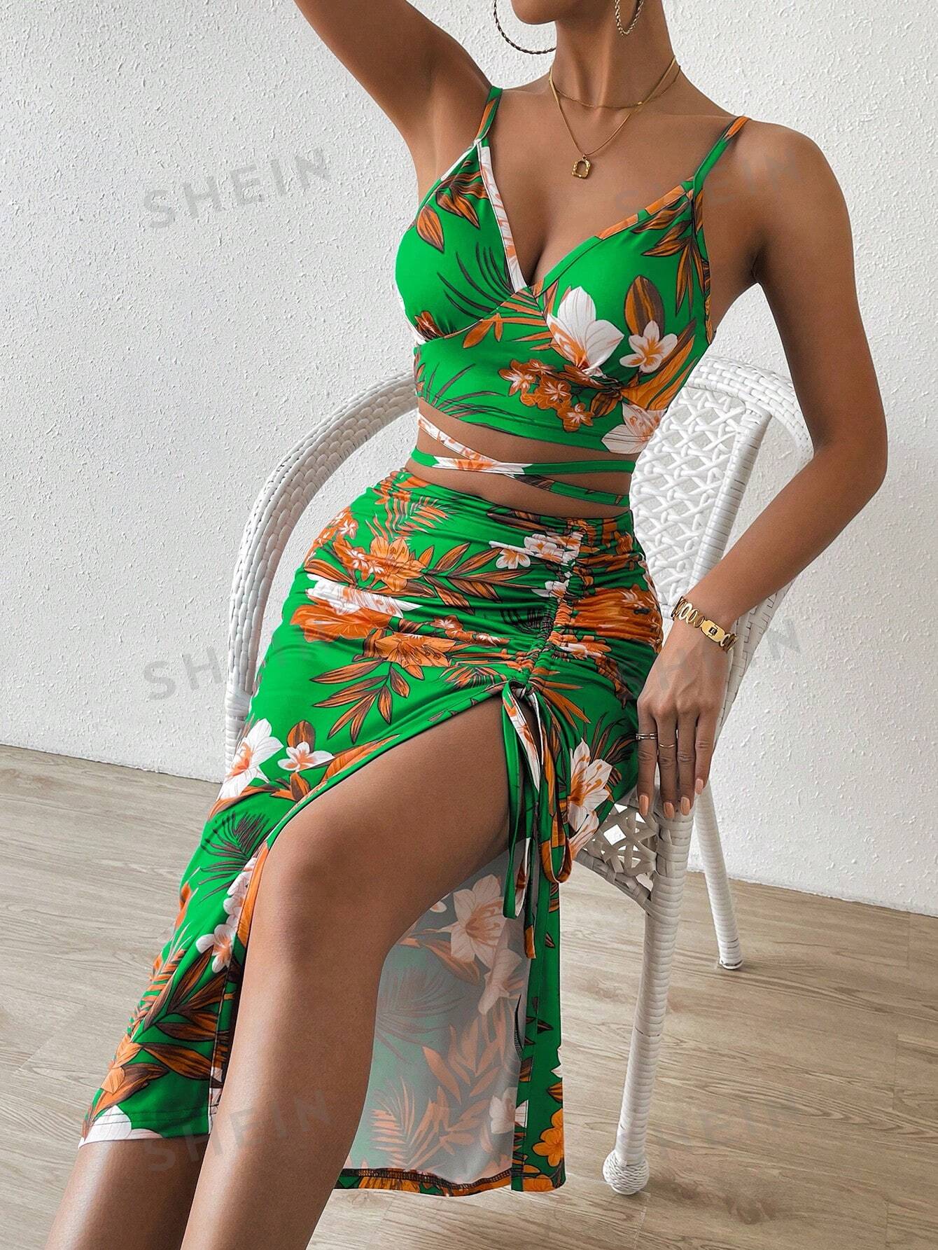 цена SHEIN Privé Топ-комбинация с V-образным вырезом и завязкой на спине с цветочным принтом и плиссированная юбка-миди с высоким разрезом, мятно-зеленый